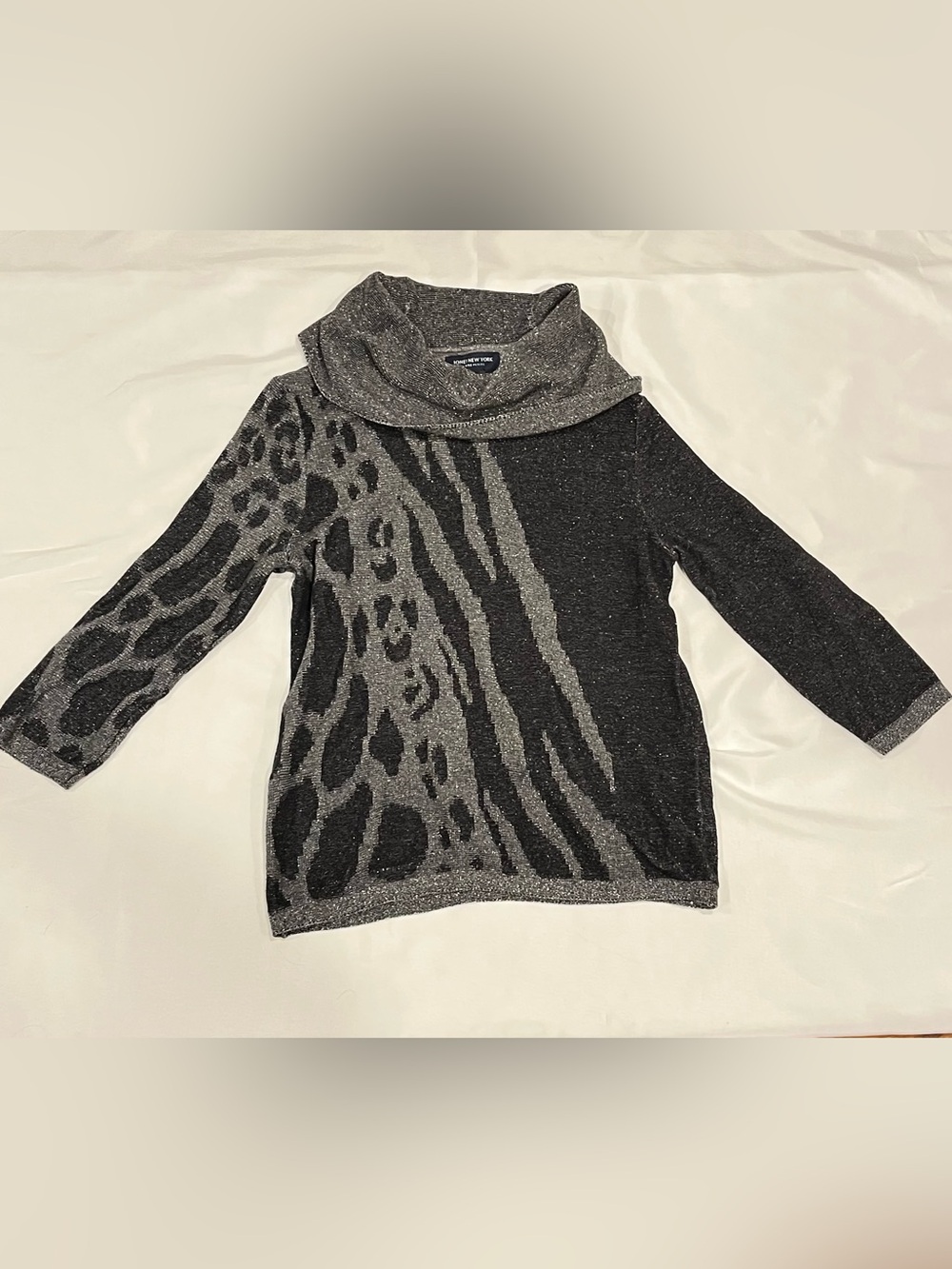 Jones New York Black and Gray Animal-Print Cowl Neck Sweater